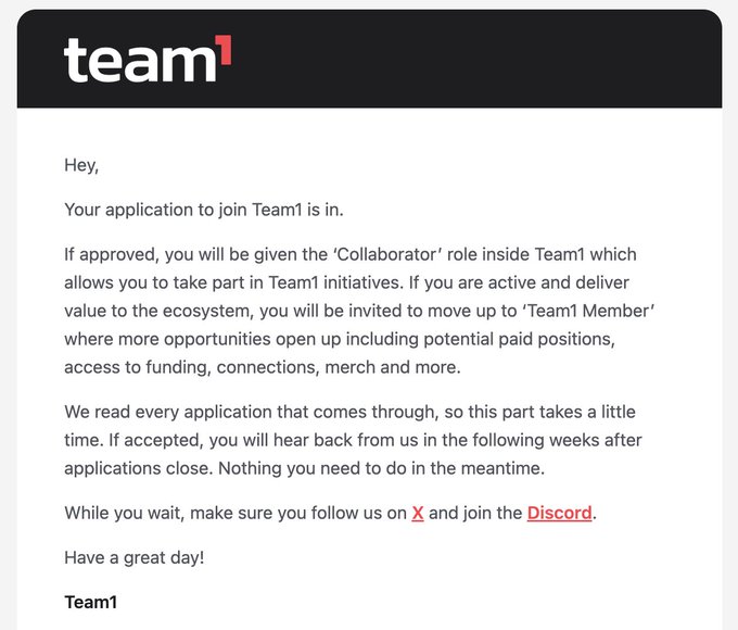 The image features an email from Team1USA that reads: "Just submitted my application for @Team1USA_ Looking forward to connecting with more people, being a part of Avalanche' s growth and having fun while doing it." The email is addressed to someone named "@Team1USA".