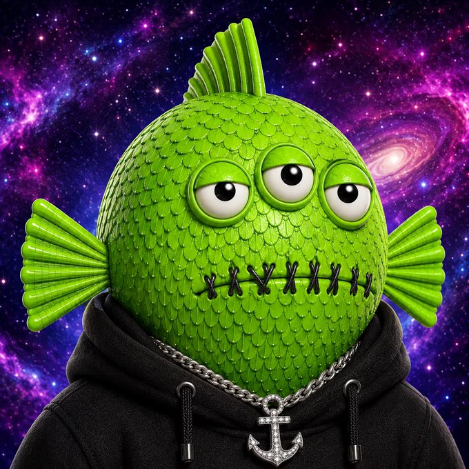 A 3D rendering of a stylized green fish character with three eyes and a stitched mouth, wearing a black hoodie and a diamond-encrusted anchor necklace against a colorful purple and pink cosmic galaxy background.