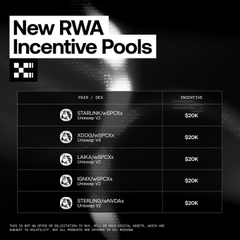 The image advertises XLayer's new RWA (Real World Asset) Incentive Pools with $20K rewards each for five token pairs—ATOM/USDC.e, DOGE/PEPE, CARA/PEPE, AI/XLM, and XTER/BNB—on Pool X6, complementing the announcement of a $50,000 XLayer trading competition tied to its meme ecosystem.