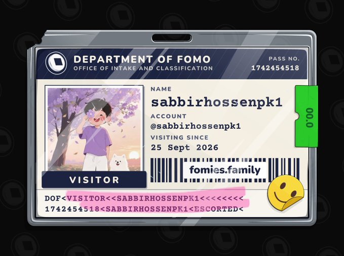 A digital ID badge labeled 'Department of FOMO, Office of Intake and Classification' for visitor 'sabbirhossenpk1' from fomies.family, valid from 25 Sept 2026.
