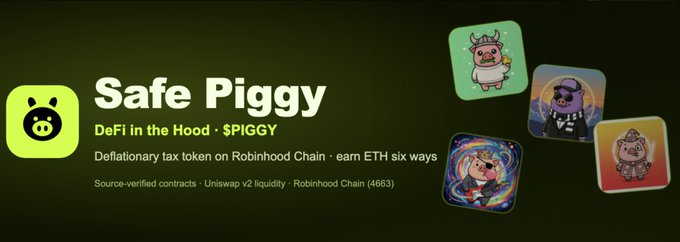 The image is a promotional banner for "Safe Piggy" ($PIGGY), a DeFi token on Robinhood Chain, featuring a yellow piggy logo and four cartoon pig mascot illustrations, with text highlighting deflationary mechanics, ETH rewards, and Uniswap V2 liquidity integration.

The banner visually reinforces the post's claims by displaying the brand name, ticker ($PIGGY), and key selling points like the "earn ETH six ways" and "4% tax" features alongside the playful pig imagery that matches the token's identity.