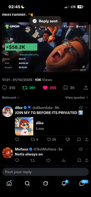 A screenshot of a social media post showing a stock ticker for GMGN valued at $58.2K, with a meme image and engagement metrics (310 comments, 261 reposts, 355 likes, 25 bookmarks).