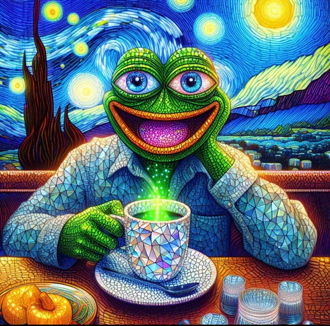 A vibrant, mosaic-style artwork of a green frog-like figure in a shirt, drinking from a glowing cup reminiscent of Van Gogh's 'Starry Night'.