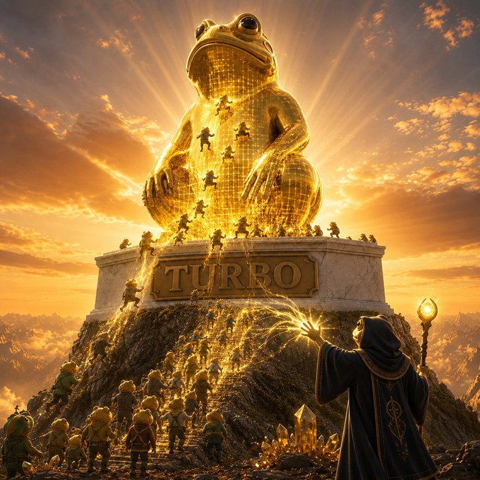 A fantasy illustration showing small figures climbing a giant, glowing golden frog statue labeled "TURBO", while a hooded figure with a staff directs them amidst gold coins.