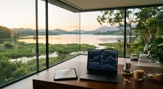 A wooden desk setup by a large window overlooking a lake and mountains at sunset, featuring a laptop showing stock charts, a coffee cup, and a tablet with text.