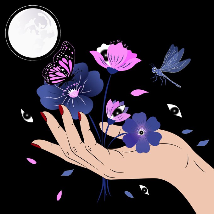 The image features a hand holding a bunch of flowers, including purple ones with pink centers, along with a dragonfly flying nearby. The background is black, which contrasts with the colorful flowers and the dragonfly. There are also two eyes visible on the right side of the image, adding to its surreal nature. The post appears to be about an art collection called "Good Morning With One of my artworks for the #ELSEWHERE collection", featuring a hand holding flowers and a dragonfly in the background.