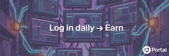 A purple-toned digital illustration featuring multiple computer monitors displaying code and interfaces, with the text "Log in daily → Earn" overlaid prominently and the Portal logo in the bottom right corner, reinforcing the post's call-to-action to engage with the Portal 2.0 AI agent and claim free shards.