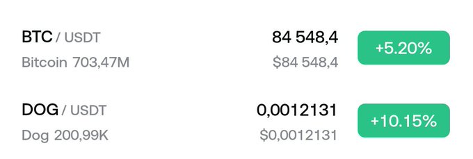 Cryptocurrency price ticker showing BTC/USDT at $84,548.4 (+5.20%) and DOG/USDT at $0.0012131 (+10.15%).