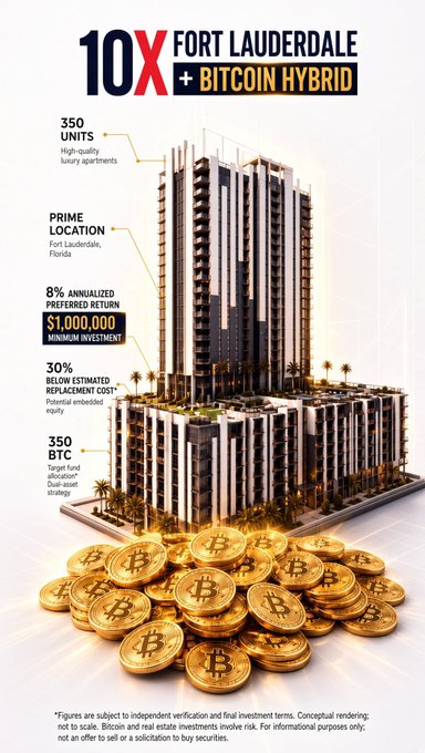 **Caption:** A conceptual rendering of a 350-unit luxury Fort Lauderdale high-rise atop a pile of gold Bitcoin coins, highlighting a "$186M Real Estate + Bitcoin Hybrid" offering with $1,000,000 minimum investment, 8% annualized preferred return, and acquisition 30% below replacement cost.

**Relationship to post:** The image visually reinforces the post's pitch by pairing the multifamily real estate asset (the tower) with the Bitcoin component (the coins), while its callouts—350 units, prime Fort Lauderdale location, $1,000,000 minimum, and 8% preferred return—directly mirror the deal terms highlighted in the caption.