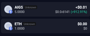 A crypto wallet screen showing AIGS token at <$0.01 with +912.91% gains, and ETH at $0.00.