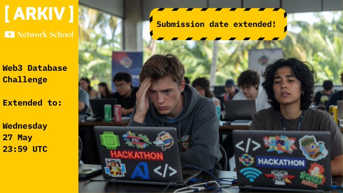 The image shows two people sitting at a table, each using their laptop for work or study purposes. The background of the image features a banner with text that reads "ARKIV" and "Web3 Database Challenge", indicating an online event related to web development. The text also mentions that the submission date has been extended by hours due to platform issues experienced by some participants in the challenge.