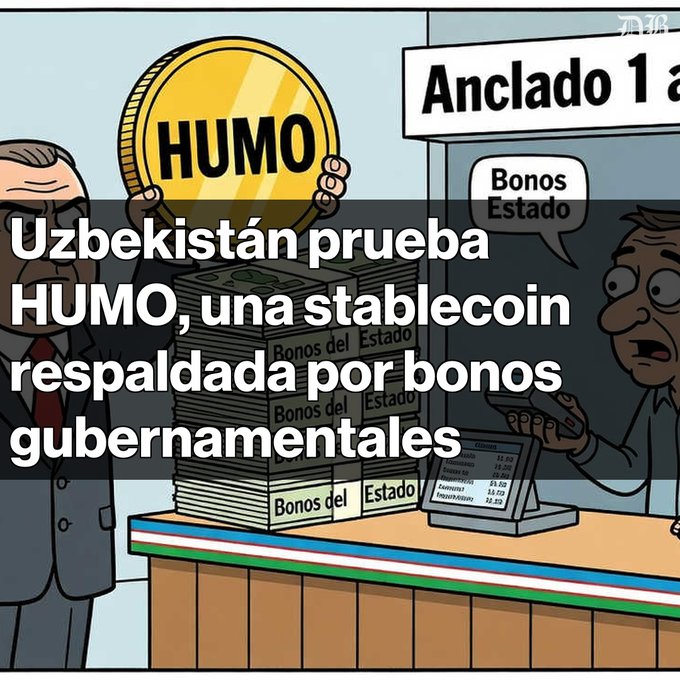 A cartoon illustration with Spanish text reading 'Uzbekistán prueba HUMO, una stablecoin respaldada por bonos gubernamentales', showing a HUMO coin, government bonds, and characters.