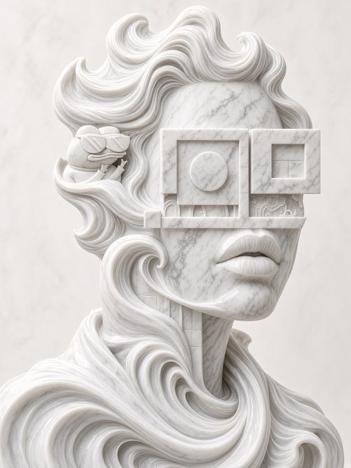 A white marble-like sculpture depicts a face wearing pixelated VR-style goggles, with flowing, wave-like hair patterns.