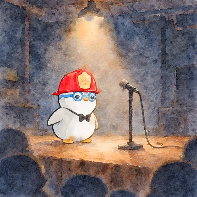 A watercolor illustration depicts a small penguin wearing a red firefighter helmet, blue glasses, and a bowtie, standing on a stage under a spotlight in front of a microphone, facing an audience.