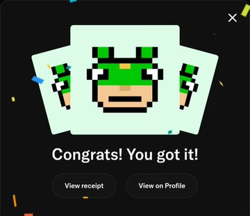 A digital pop-up notification on a black background showing three pixel-art green frogs with the text 'Congrats! You got it!', with buttons to view the receipt or profile.