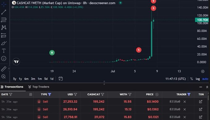 A Dexscreener chart shows the CASHCAT/WETH trading pair on Uniswap with a market cap of $104.41M, displaying a recent sharp price spike with several sell transactions listed below.