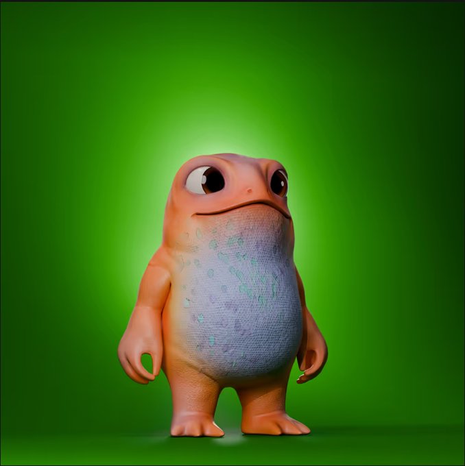 A 3D-rendered orange and grey salamander-like creature stands on a bright green background, looking slightly to the side.