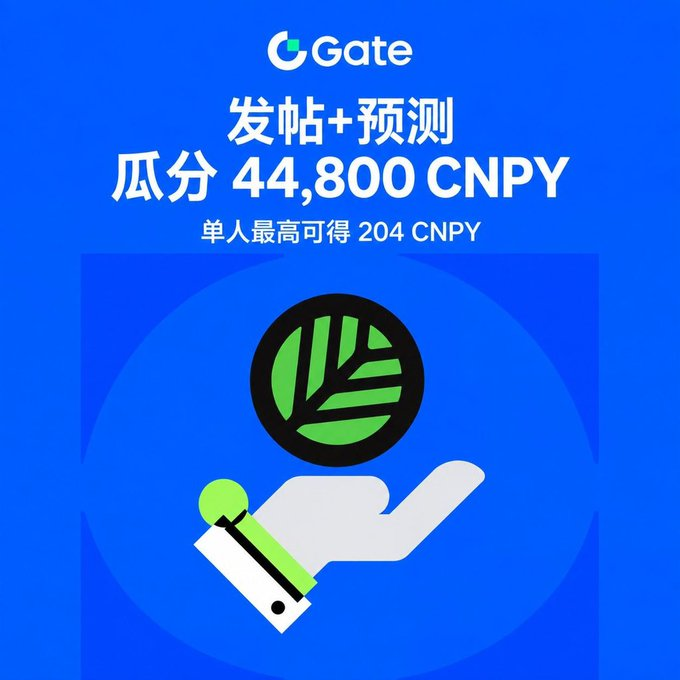 A Gate exchange promotional graphic on a blue background advertises a "发帖+预测" (Post + Predict) campaign offering to share 44,800 CNPY in prizes, with individuals able to earn up to 204 CNPY. The image features the Gate logo at the top and a central illustration of a hand holding a green leaf coin, visually reinforcing the post's announcement about the CandyDrop and BTC price guessing event.