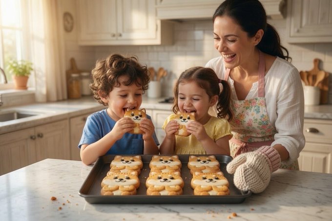 A mother and her two children laugh joyfully while decorating bear-shaped cookies together in a sunlit kitchen, with a tray of freshly baked treats on the marble counter. The warm scene of family baking and shared laughter perfectly captures the wholesome, community-driven spirit often celebrated in $SHIBU meme coin culture.