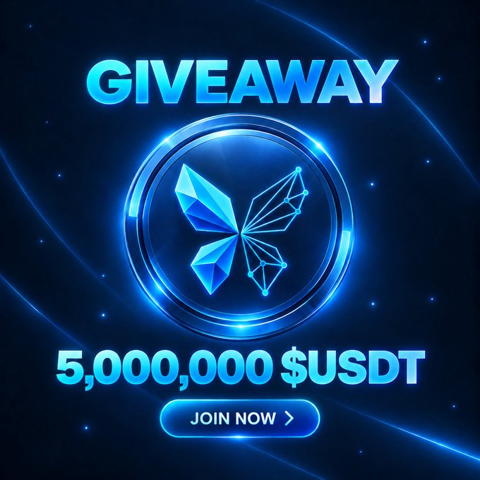 A "GIVEAWAY 5,000,000 $USDT" promotional graphic featuring a glowing blue coin with a butterfly design, paired with a "JOIN NOW" button. The image advertises a USDT giveaway from Poxis Coin, where the first 3,000 participants can claim 350 $USDT by following @PoxisFun and retweeting.