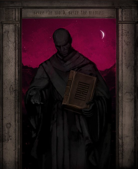 A dark fantasy illustration of a hooded figure holding a book with a geometric symbol on the cover, beneath the text 'seize the word, seize the memes' and a crescent moon in a red sky.