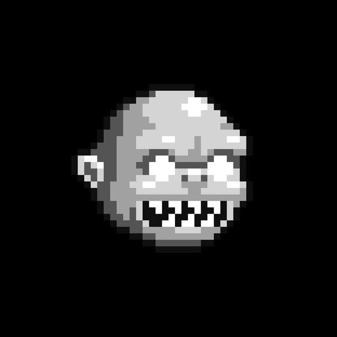 A pixelated, grayscale illustration of a grinning skull with large eye sockets and a wide, toothy smile against a black background.