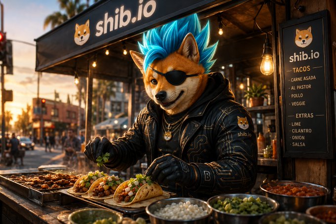 The image features a man dressed as a Shiba Inu dog with blue hair wearing a leather jacket, standing behind a table filled with food items such as tacos and guacamole. The man appears to be selling food from his table, which is located in front of a store named "SHIB." The scene takes place on the street outside the store, where there are other people walking by or sitting at tables enjoying their meals.