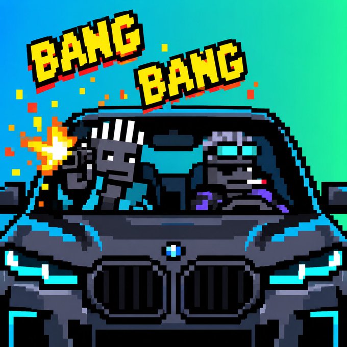 Pixel art scene of two characters in a car with one firing a gun, accompanied by comic-style text reading 'BANG BANG' against a teal background.