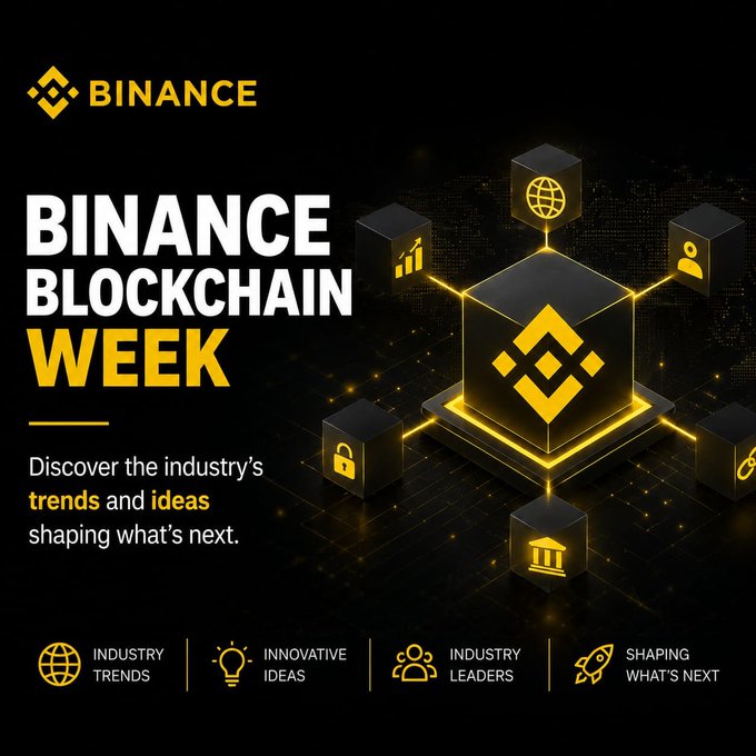 A promotional graphic for "Binance Blockchain Week" featuring the Binance logo in yellow on a black background, with a central 3D blockchain illustration connected to icons representing a globe, padlock, building, and people. The text reads "Discover the industry's trends and ideas shaping what's next," with bottom highlights listing "Industry Trends," "Innovative Ideas," "Industry Leaders," and "Shaping What's Next."