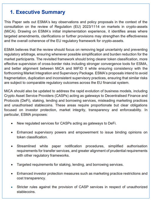 ESMA's Executive Summary outlines policy proposals for tightening MiCA crypto regulations, including standardized cross-border rules, blocking unauthorized stablecoins, licensing DeFi gateway CASPs, and enhanced investor protections—aligning with the post's headline about EU securities watchdog proposals to standardize crypto rules, block unlicensed stablecoins, and license DeFi gateways.