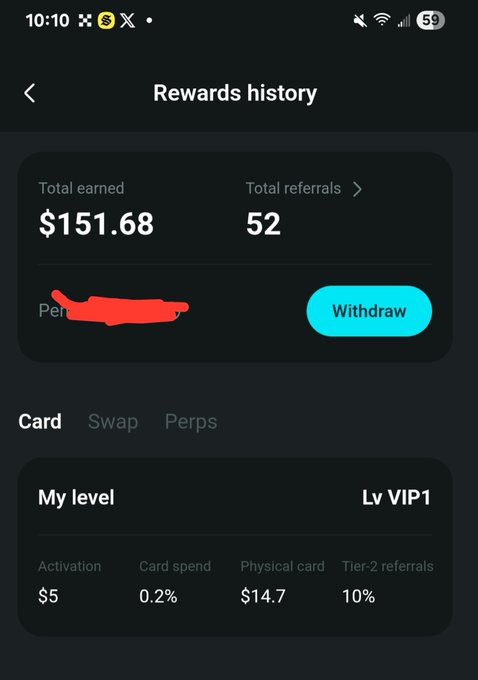 A 'Rewards history' screen showing $151.68 total earned with 52 total referrals, a VIP1 level status, and a red scribble obscuring personal information above a Withdraw button.