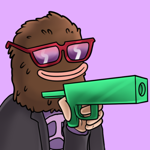 A cartoon illustration of a brown furry ape character wearing red sunglasses and holding a green gun-shaped object against a pink background.