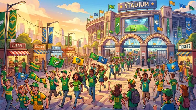 A colorful cartoon illustration of fans in green and yellow jerseys gathered outside a 'STADIUM' with banners, food stalls, and a large screen showing a football match.