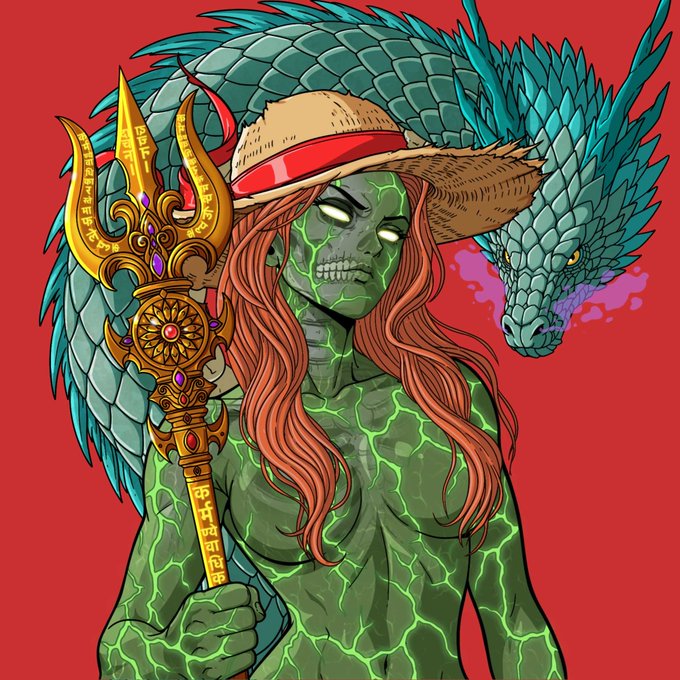 A green, glowing‑skinned figure with long orange hair and a straw hat brandishes a golden trident inscribed with Devanagari script, while a massive teal dragon looms behind against a red backdrop. This mythic illustration ties into the Solgodsnfts art‑upgrade airdrop promoted in the post.