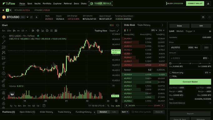 The image shows the TxFlow perpetual DEX interface displaying a BTC/USDC trading chart on Hyperliquid L1, with BTC priced at $65,933.0 and a depth order book visible alongside buy/sell order panels. The screenshot supports the post's claim by showcasing TxFlow's functional trading platform with live market data, order book depth, and charting tools, demonstrating the "solid order book" and operational L1 referenced in the promotional message.