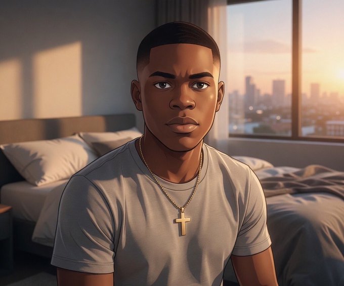 A digital illustration of a young Black man wearing a grey t-shirt and a gold cross necklace, sitting in a bedroom with a city skyline visible through the window at sunset.