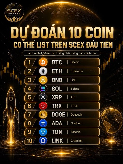A Vietnamese promotional graphic titled 'DỰ ĐOÁN 10 COIN CÓ THỂ LIST TRÊN SCEX ĐẦU TIÊN' listing a predicted top 10 coins: BTC (Bitcoin), ETH (Ethereum), BNB (BNB), SOL (Solana), XRP (XRP), TRX (TRON), DOGE (Dogecoin), ADA (Cardano), TON (Toncoin), and LINK (Chainlink), with a disclaimer 'Không phải thông báo chính thức' (Not an official announcement).
