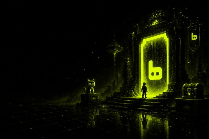 A digital illustration showing a small figure standing before a glowing green portal displaying a 'b' logo, with a cat statue nearby and a treasure chest in the background.