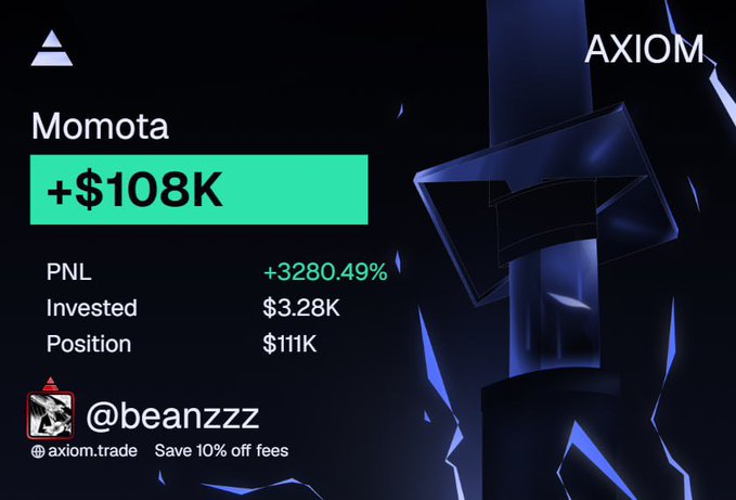 The image is an Axiom trading platform showcase highlighting a successful trade on the "Momota" ticker, featuring user @beanzzz with a +$108K profit (+3280.49% PNL) on a $3.28K investment that grew to a $111K position, illustrating one of the "cooks" (winning trades) from the month referenced in the post about a 110-day hold.