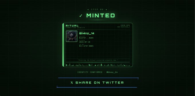 A digital 'MINTED' confirmation screen with cyberpunk green UI showing 'STEP 05', a RITUAL Collection card for '@hmz_14' with identity confirmed status and 'SHARE ON TWITTER' button.