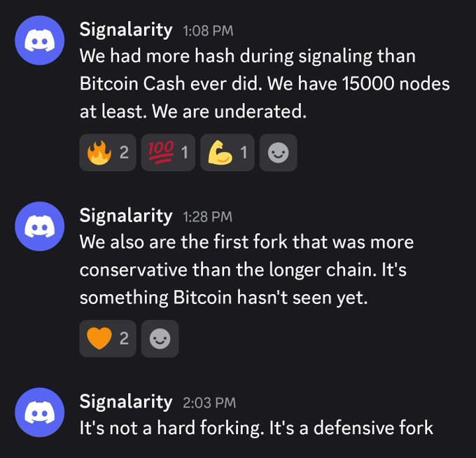 A screenshot of Discord messages from 'Signalarity' stating 'We had more hash during signaling than Bitcoin Cash ever did. We have 15000 nodes at least. We are underrated.', 'We also are the first fork that was more conservative than the longer chain. It's something Bitcoin hasn't seen yet.', and 'It's not a hard forking. It's a defensive fork'.