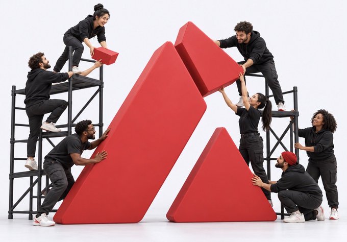 A conceptual image showing a diverse group of people collaboratively assembling a large 3D letter 'A' made of red blocks while standing on scaffolding.