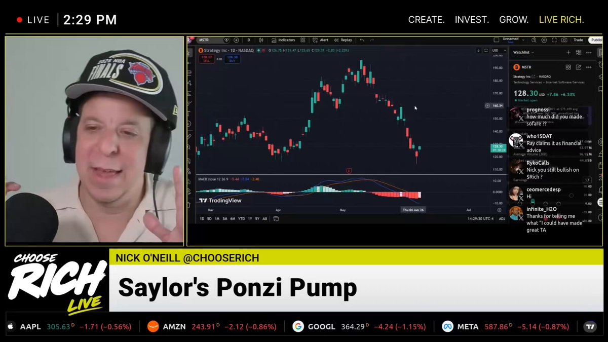 In the image, there is an audio clip of a man talking during a radio show, specifically about MicroStrategy stock trading. A caption below his words reads, "Microstrategy almost pushed me into becoming a buyer." This message could be interpreted as saying that the sentiment around MicroStrategy has become so bearish or negative that it almost influenced the man's decision to invest in the company. The post also discusses Bitcoin and its potential for dropping further, which might hint at concerns about financial markets due to the negative sentiment surrounding MicroStrategy and other companies' stock prices.