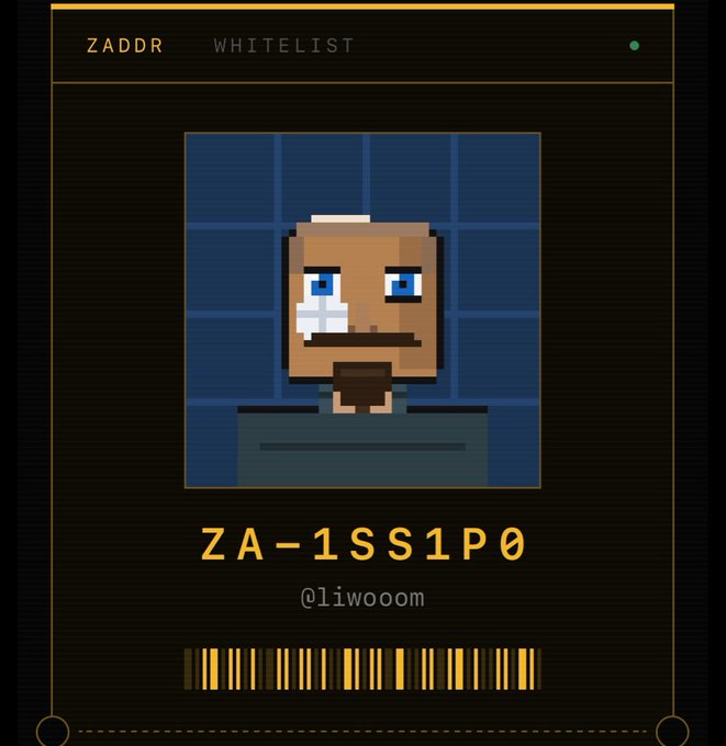 A pixelated character ID card displays 'ZADDR WHITELIST', 'ZA-1SS1P0', '@liwoom', with a barcode and a blue-skinned character portrait.