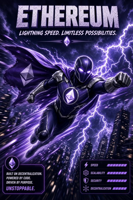 A superhero-themed promotional graphic for Ethereum featuring a purple-armored caped hero with lightning effects, displaying 'ETHEREUM - LIGHTNING SPEED. LIMITLESS POSSIBILITIES' and stats for speed, scalability, security, and decentralization.