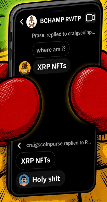 A cartoon-style image of a smartphone showing Twitter/X replies with text: "BCHAMP RWTP: where am i?" → "XRP NFTs" → "craigscoinpurse: Holy shit", framed by red boxing gloves.