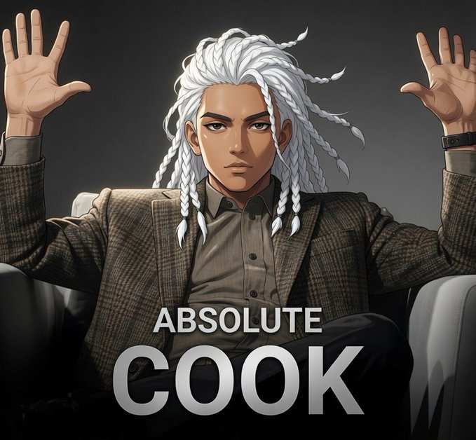 An anime-style portrait of a character with long white dreadlocks and a brown checkered blazer with raised hands, captioned with the text 'ABSOLUTE COOK'.