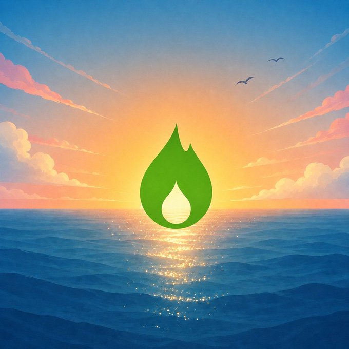 A digital illustration featuring a green leaf-shaped logo with a white water droplet in the center, set against a sunset over the ocean.