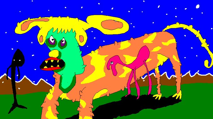 A crude digital drawing depicts a yellow and orange dog-like creature with a green face standing next to a smaller pink creature, set against a blue night sky with a green ground.