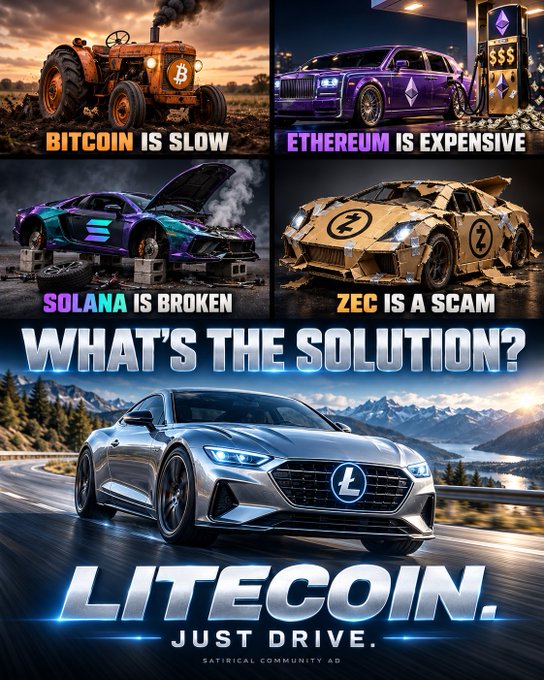 A satirical advertisement meme claims Bitcoin is slow, Ethereum is expensive, Solana is broken, and ZEC is a scam, suggesting 'LITECOIN. JUST DRIVE.' as the ultimate solution.